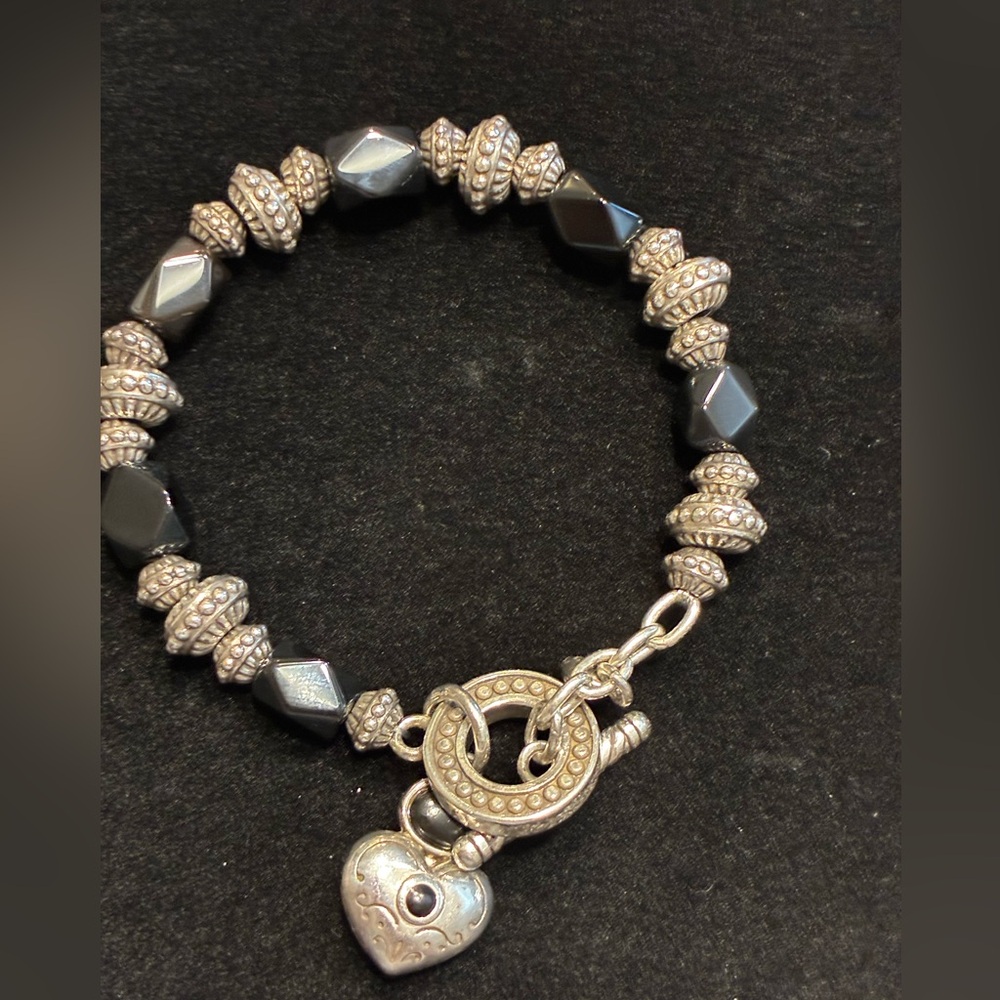 Brighton Silver-Tone and Black Beaded Heart Charm Bracelet